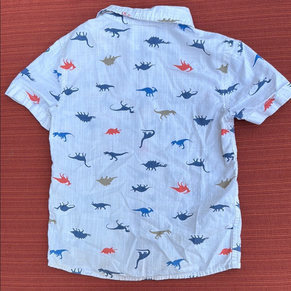 Jumping Beans Kids Dinosaur Print Button Down White Shirt - Blue and Red - Picture 2 of 2